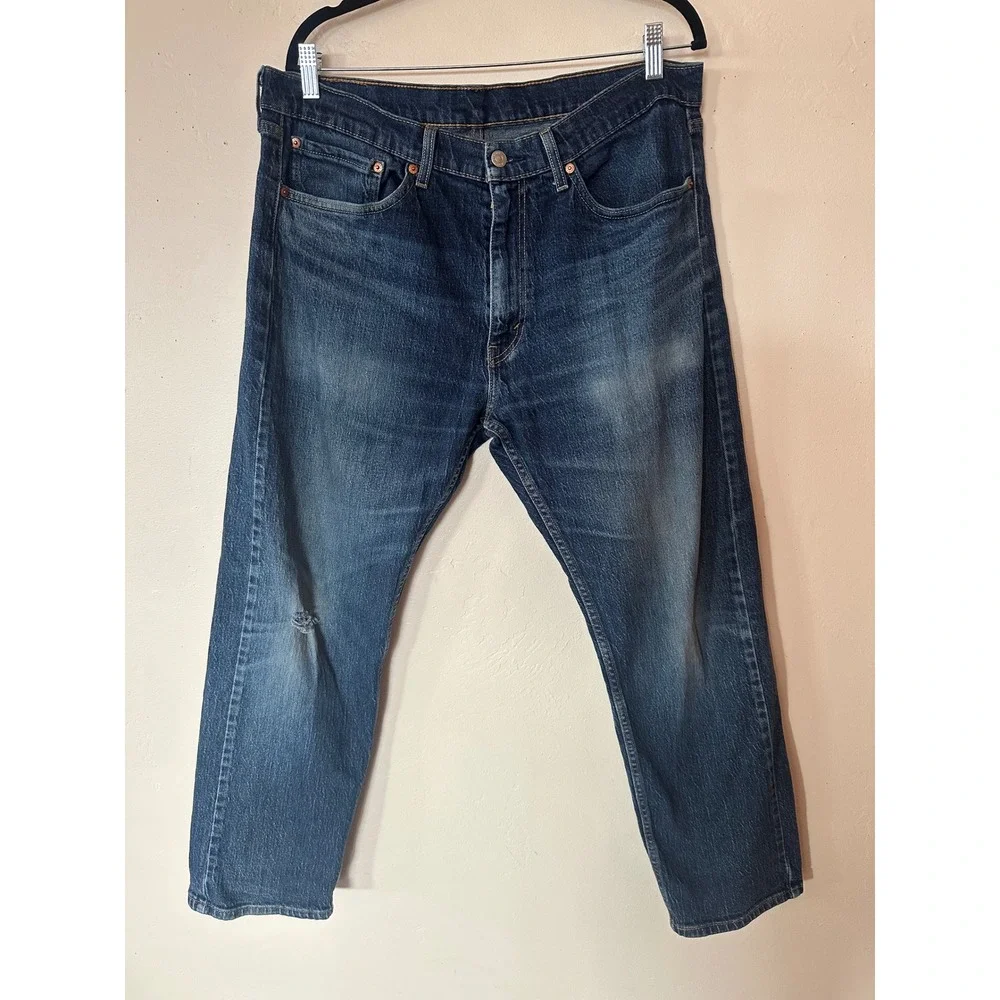 Levis 505 Regular Fit Jeans Mens 36x30 Medium Dark Wash Straight Leg Denim